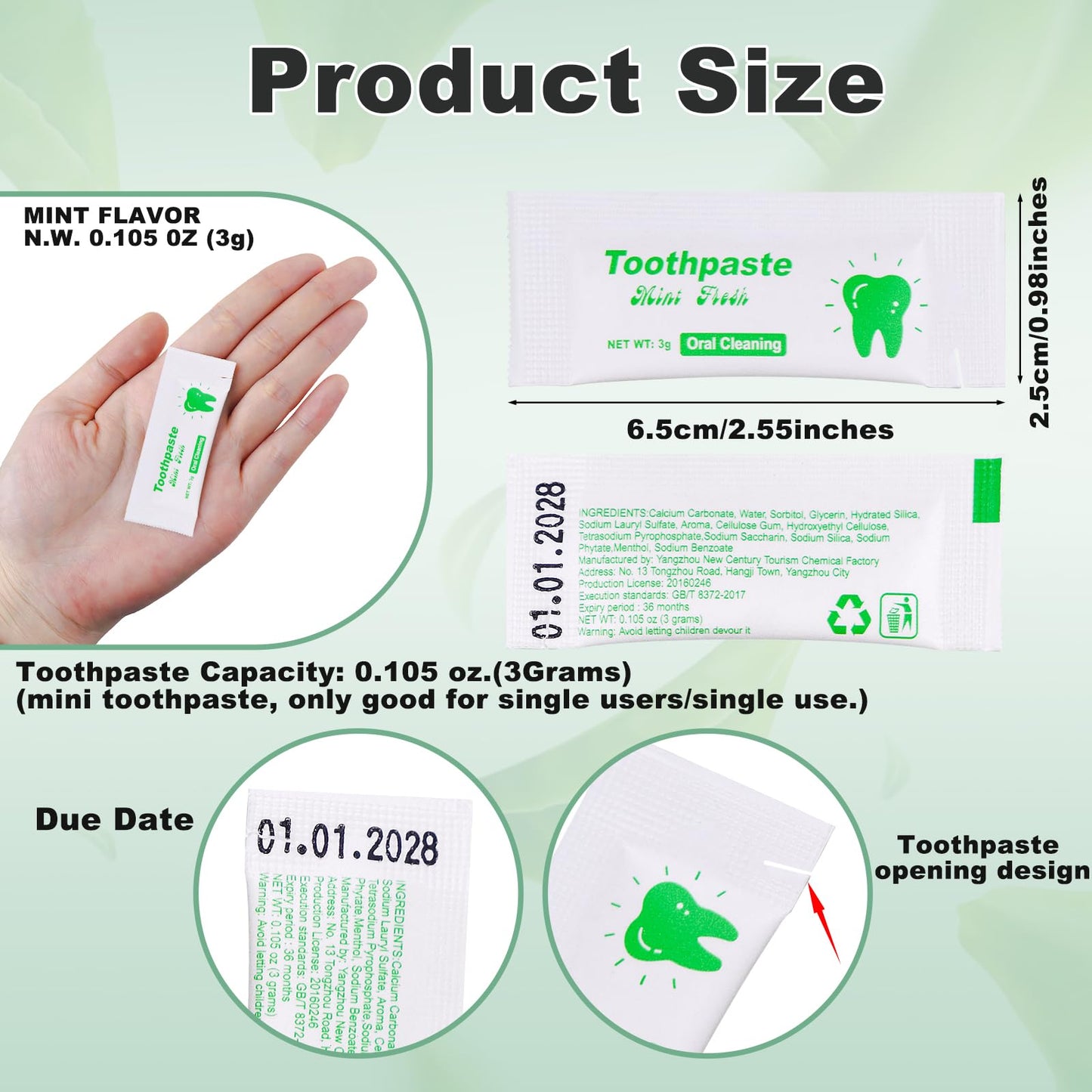 HAIFOTRVA 50-Pack Travel Size Toothpaste – 0.105 oz Mint for Hotels