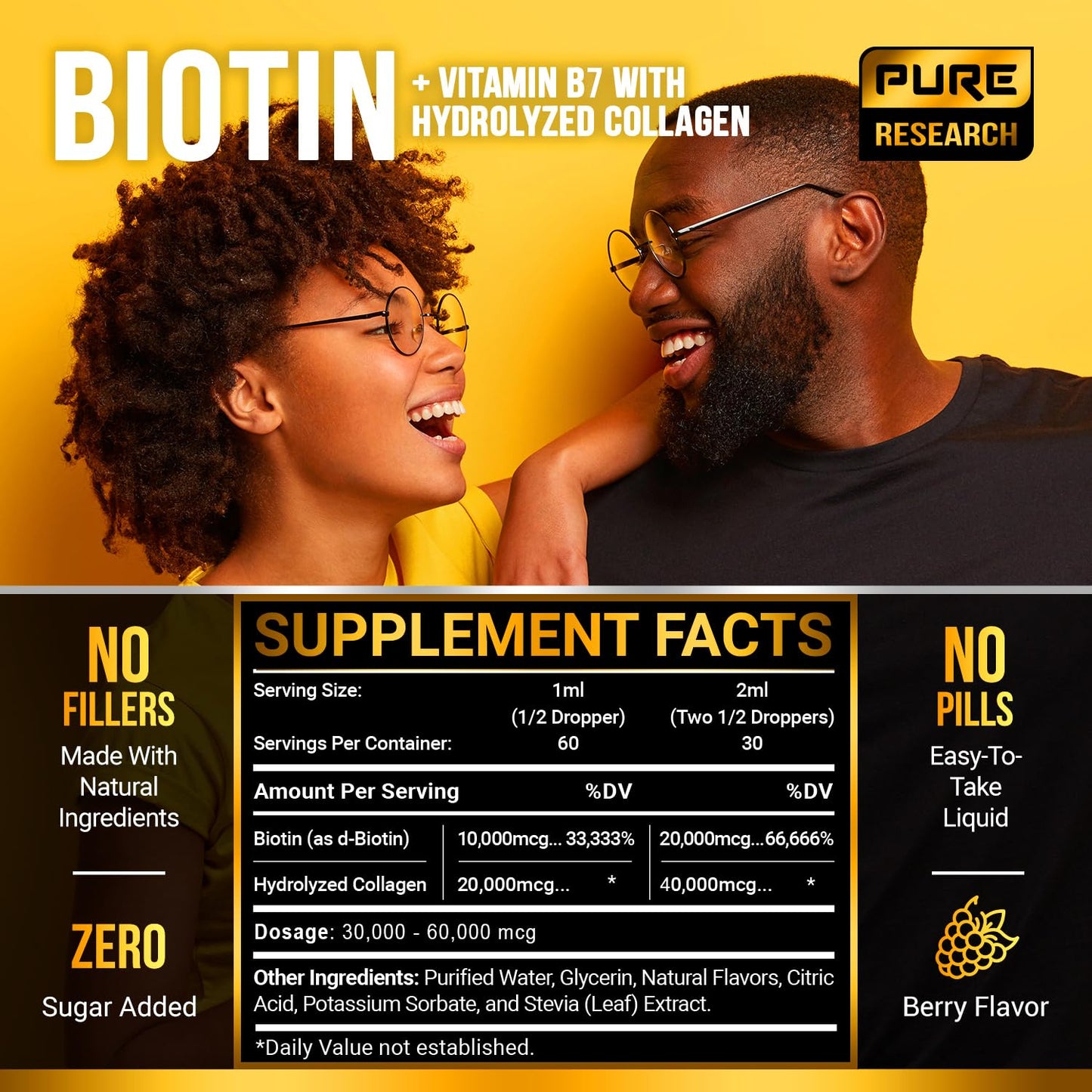 Liquid Biotin & Collagen Drops 60,000mcg – Hair, Skin & Nails Support – 2oz