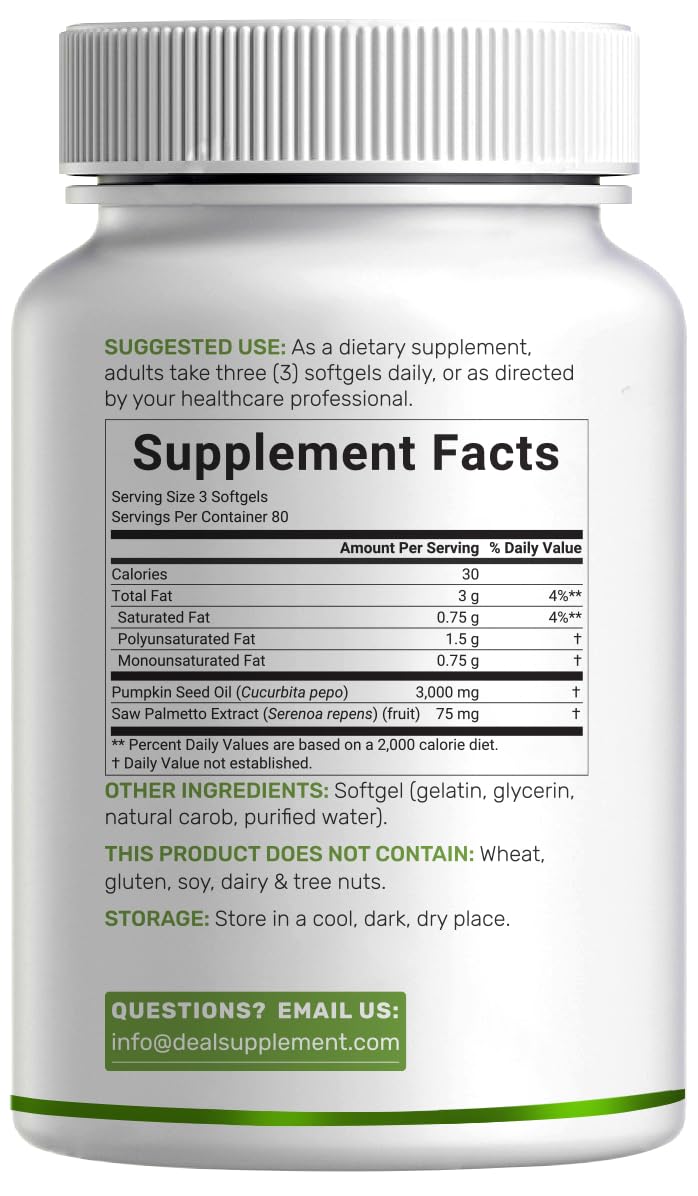 Pumpkin Seed Oil 3,000mg w Saw Palmetto – 240 Softgels | Prostate & Hair Support