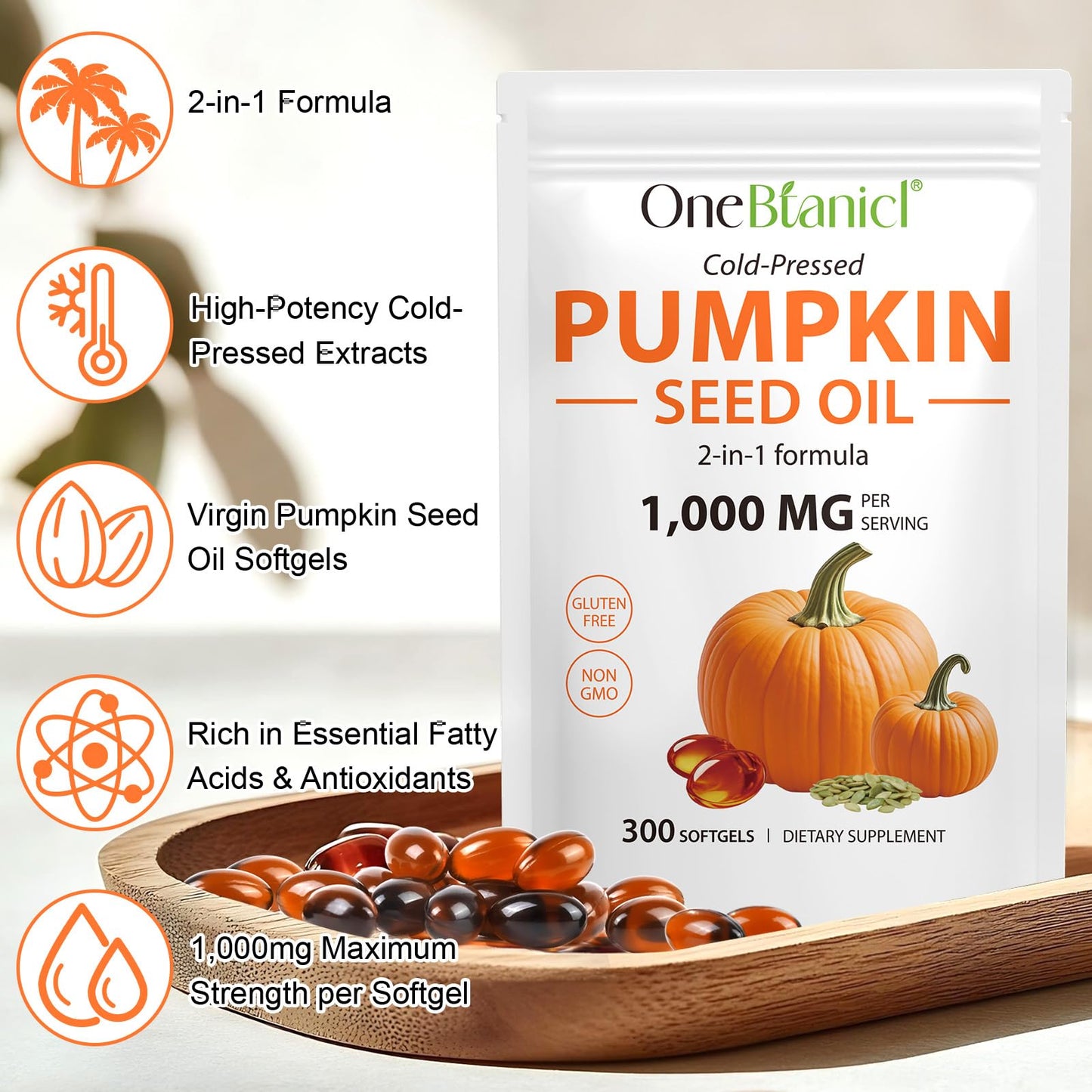 Pumpkin Seed Oil with Saw Palmetto – 1000mg per Serving, 300 Softgels | Hair, Prostate & Urinary Health | Cold Pressed, Non-GMO