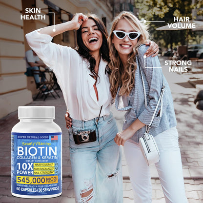 Biotin, Collagen & Keratin with Folate – Hair Growth Vitamins for Women & Men | Gluten Free & GMO Free (120 Caps)