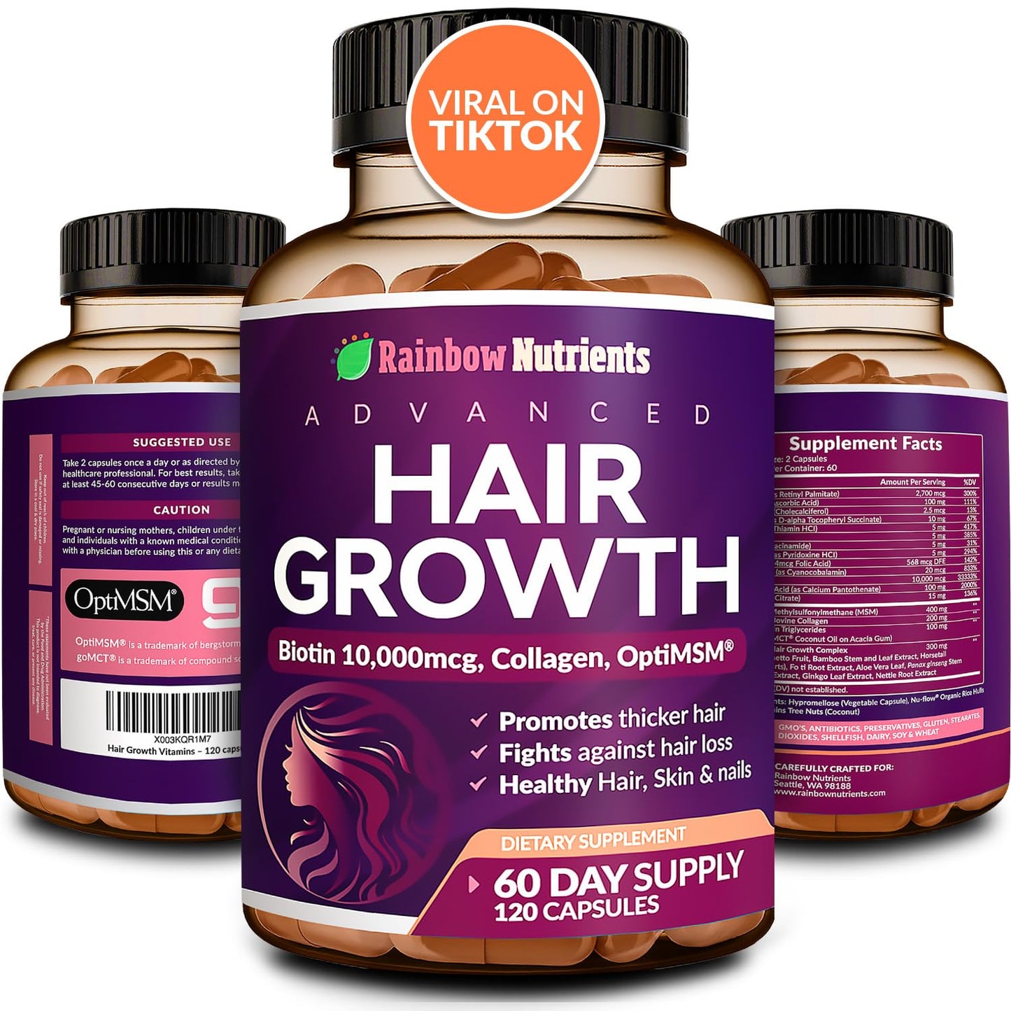 Hair Growth Vitamins for Women - Biotin 10,000mcg, Collagen, OptiMSM | Rainbow Nutrients