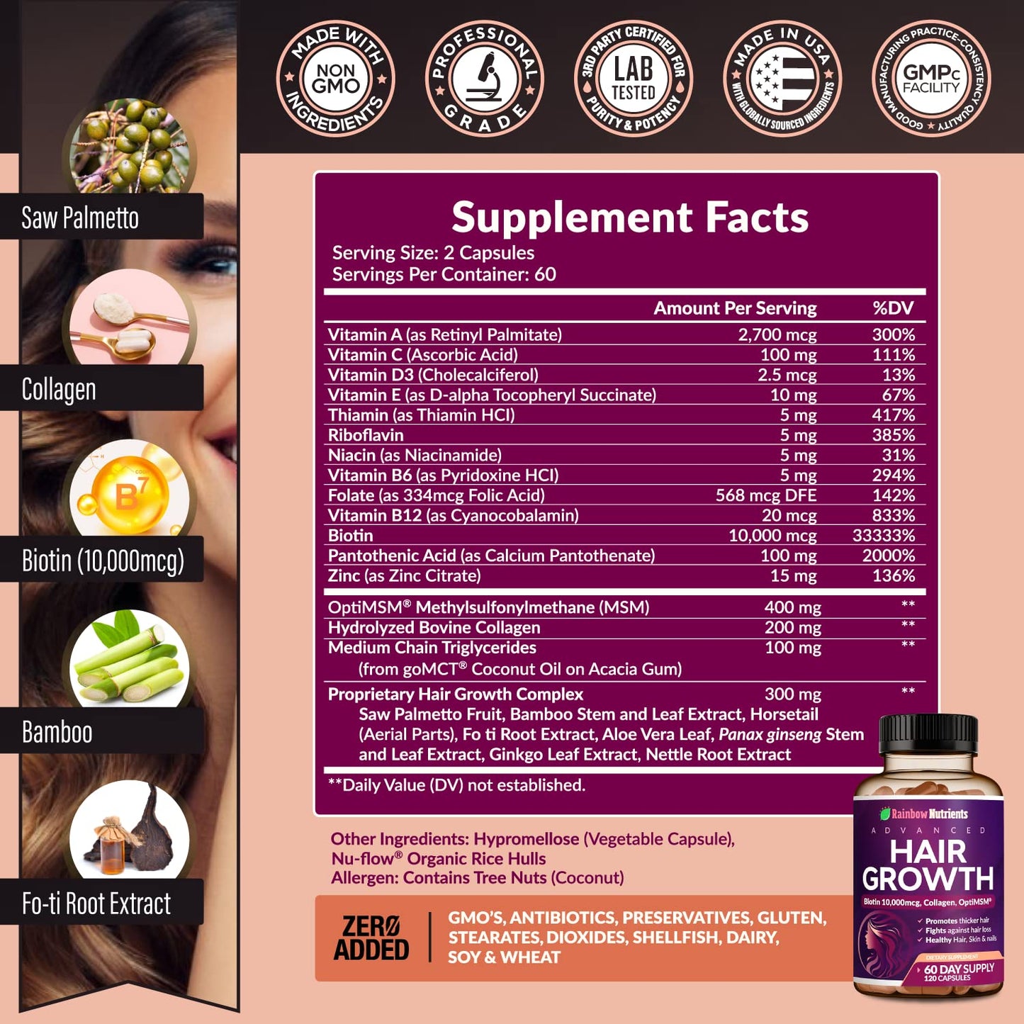 Hair Growth Vitamins for Women - Biotin 10,000mcg, Collagen, OptiMSM | Rainbow Nutrients