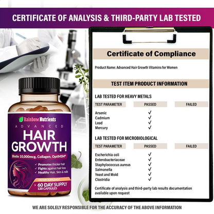 Hair Growth Vitamins for Women - Biotin 10,000mcg, Collagen, OptiMSM | Rainbow Nutrients