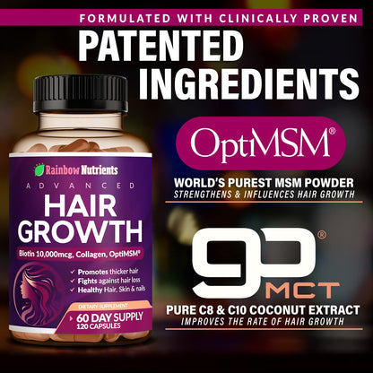 Hair Growth Vitamins for Women - Biotin 10,000mcg, Collagen, OptiMSM | Rainbow Nutrients
