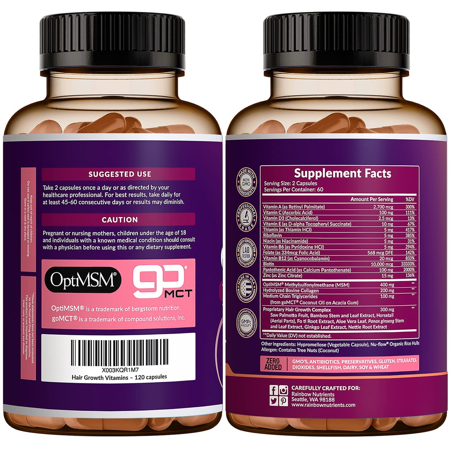 Hair Growth Vitamins for Women - Biotin 10,000mcg, Collagen, OptiMSM | Rainbow Nutrients