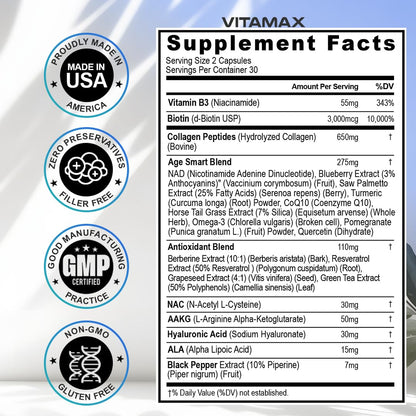 Resveratrol NAD+ Berberine Hyaluronic Acid 21-in-1 Hair, Skin, Nail & Joint Supplement – Made in USA (60 Count)