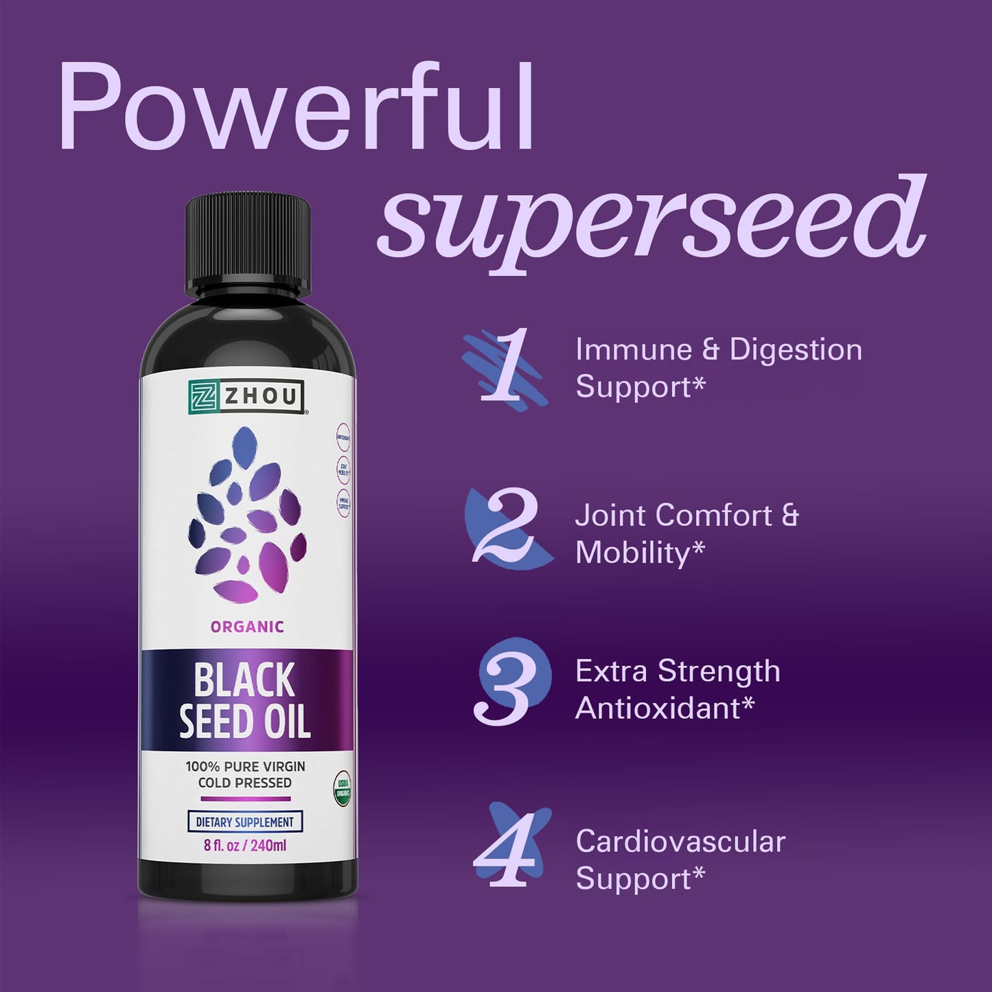 Zhou Organic Black Seed Oil - Cold-Pressed Nigella Sativa, 8 oz