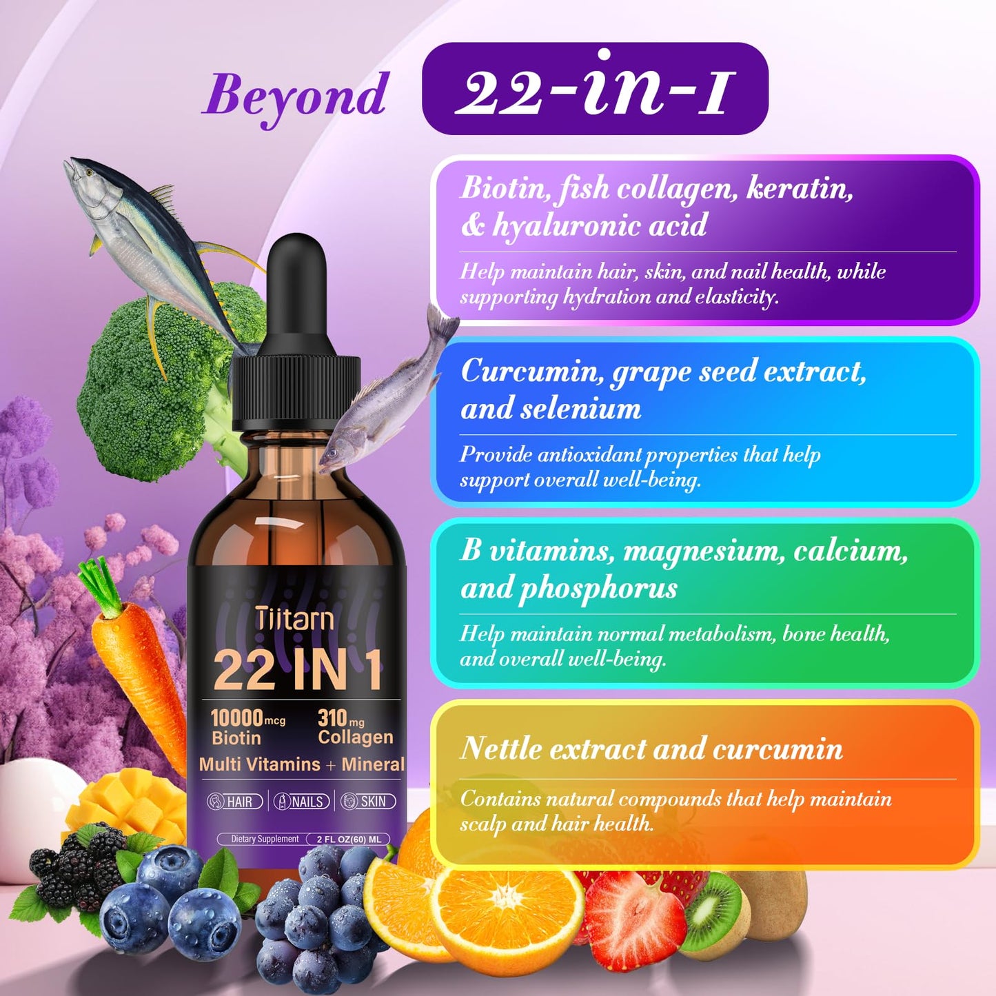 Liquid Collagen, Biotin & Hyaluronic Acid – Hair Growth Vitamins & Minerals (60ml) | Hair, Skin & Nails Support