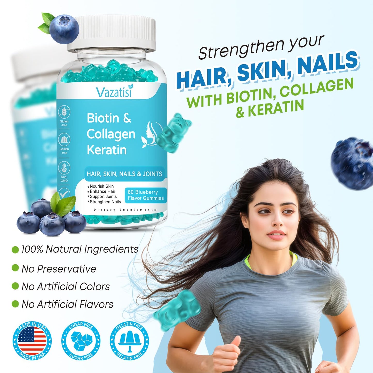 2 Pack Biotin Gummies with Collagen & Keratin for Hair Skin Nails - Women Men Kids - 120 Blueberry Flavored Gummies