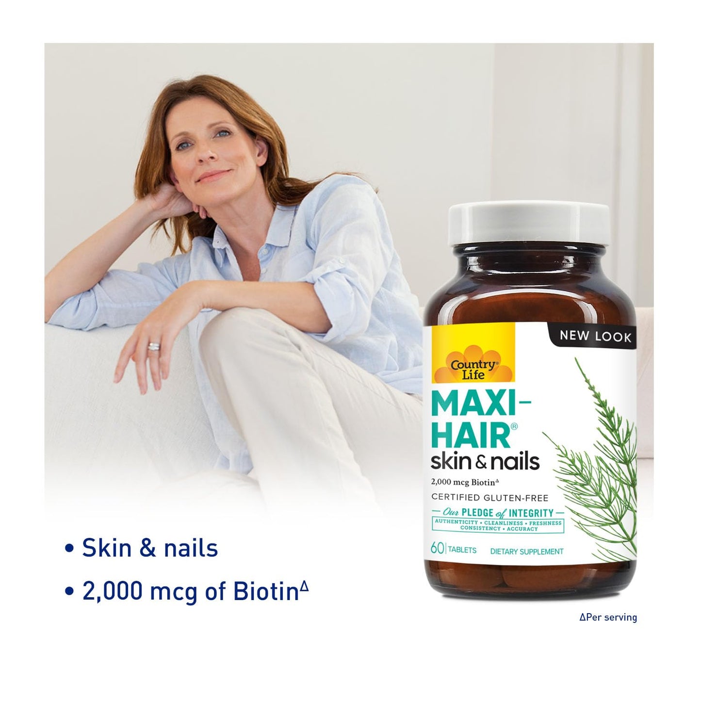 Country Life Maxi-Hair Supplement - 2000mcg Biotin for Hair, Skin & Nails | Gluten Free & Vegetarian - 60 Tablets