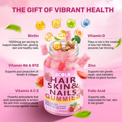 Hair Skin & Nails Gummies with 10,000mcg Biotin – Vitamin Supplement for Hair, Nails & Skin (240 Count)