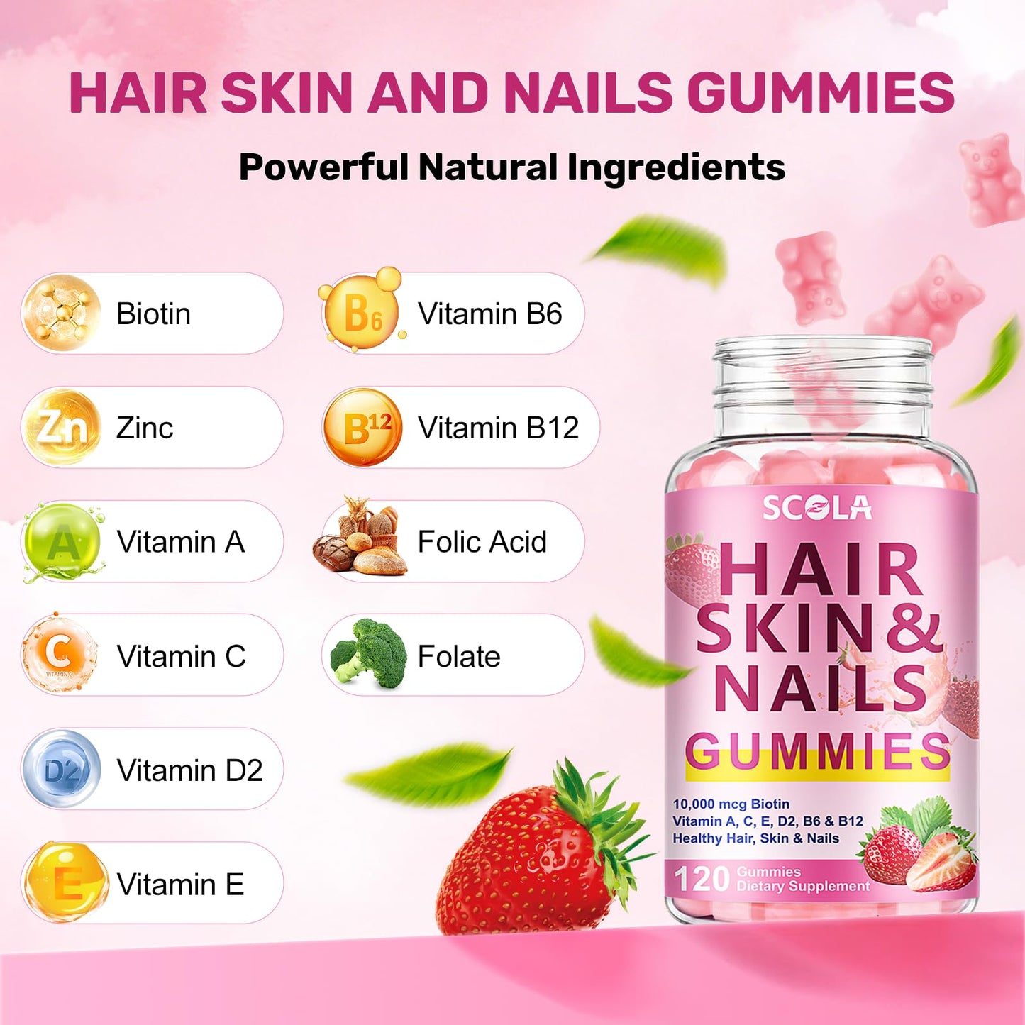Hair Skin & Nails Gummies with 10,000mcg Biotin – Vitamin Supplement for Hair, Nails & Skin (240 Count)