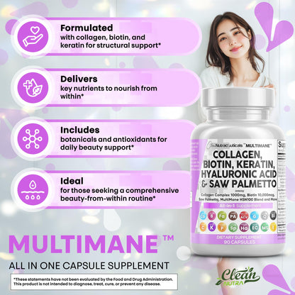 Clean Nutraceuticals Collagen Pills 1000mg with Biotin 10000mcg – Hair, Skin & Nails (90 Count)