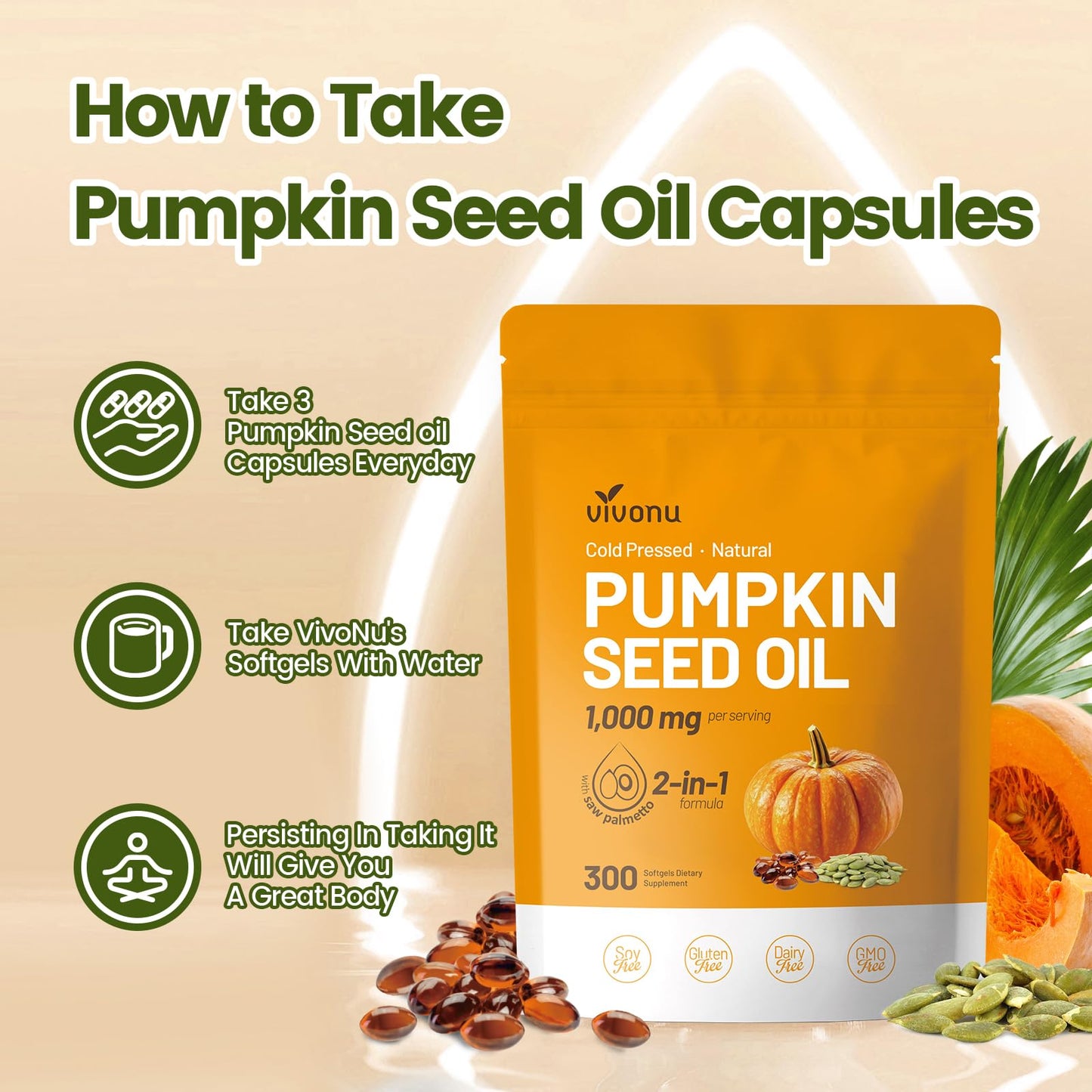 Pumpkin Seed Oil with Saw Palmetto – Cold-Pressed, 300 Softgels, Non-GMO
