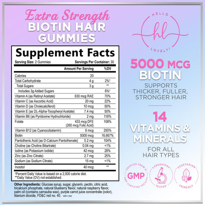 Hair Vitamins Gummies – Biotin 5000 mcg, Vitamin E & C, Zinc | Non-GMO, Gluten-Free, 60 Gummies