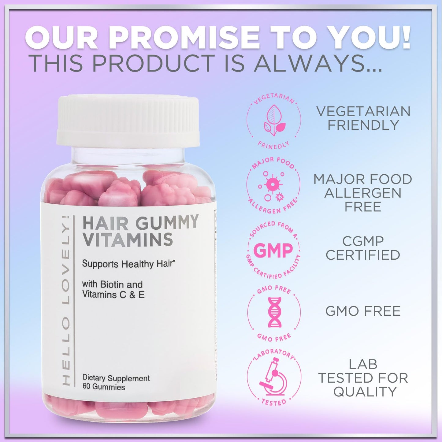 Hair Vitamins Gummies – Biotin 5000 mcg, Vitamin E & C, Zinc | Non-GMO, Gluten-Free, 60 Gummies