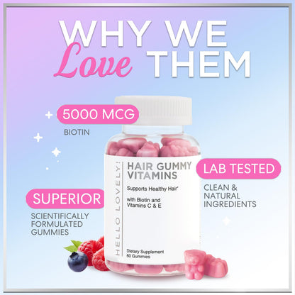 Hair Vitamins Gummies – Biotin 5000 mcg, Vitamin E & C, Zinc | Non-GMO, Gluten-Free, 60 Gummies
