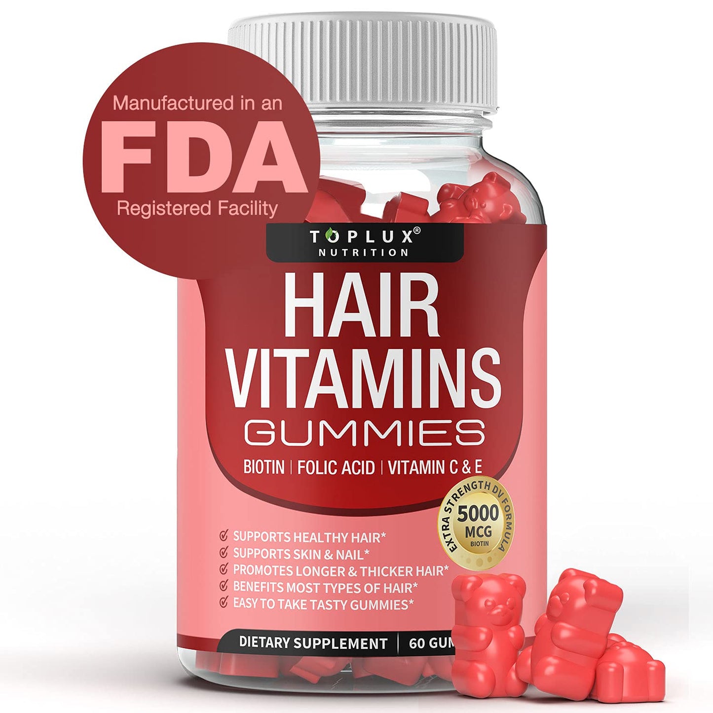 Hair Vitamin Gummies for Women & Men – Biotin 5000mcg, 60 Count | Non-GMO