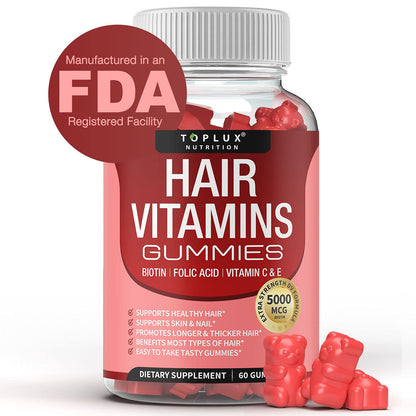 Hair Vitamin Gummies for Women & Men – Biotin 5000mcg, 60 Count | Non-GMO