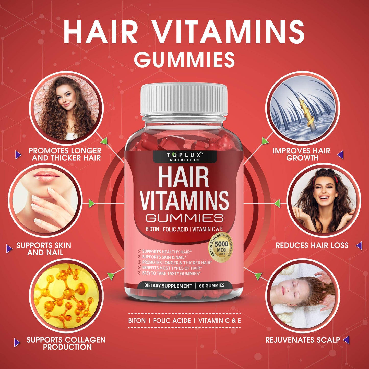 Hair Vitamin Gummies for Women & Men – Biotin 5000mcg, 60 Count | Non-GMO
