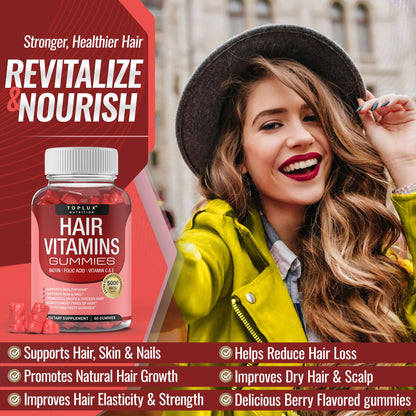 Hair Vitamin Gummies for Women & Men – Biotin 5000mcg, 60 Count | Non-GMO