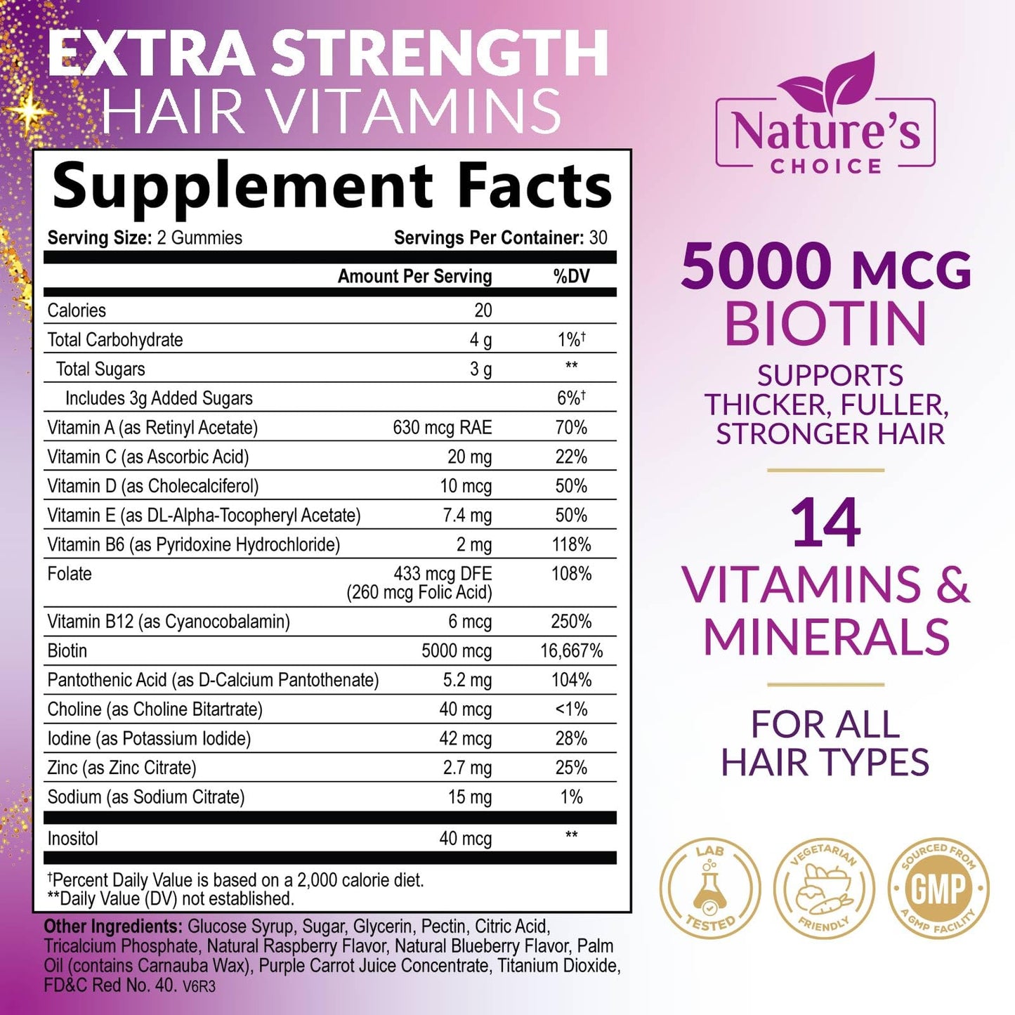 Hair Vitamin Gummies – 5000 mcg Biotin, Vegetarian, Non-GMO | 60 Gummies