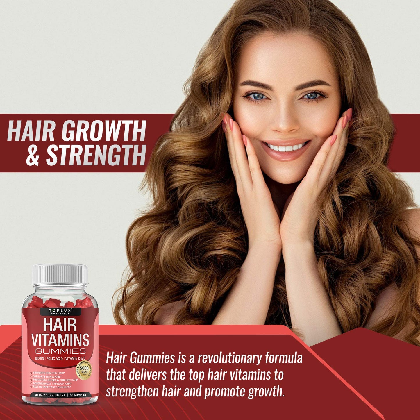 Hair Vitamin Gummies for Women & Men – Biotin 5000mcg, 60 Count | Non-GMO