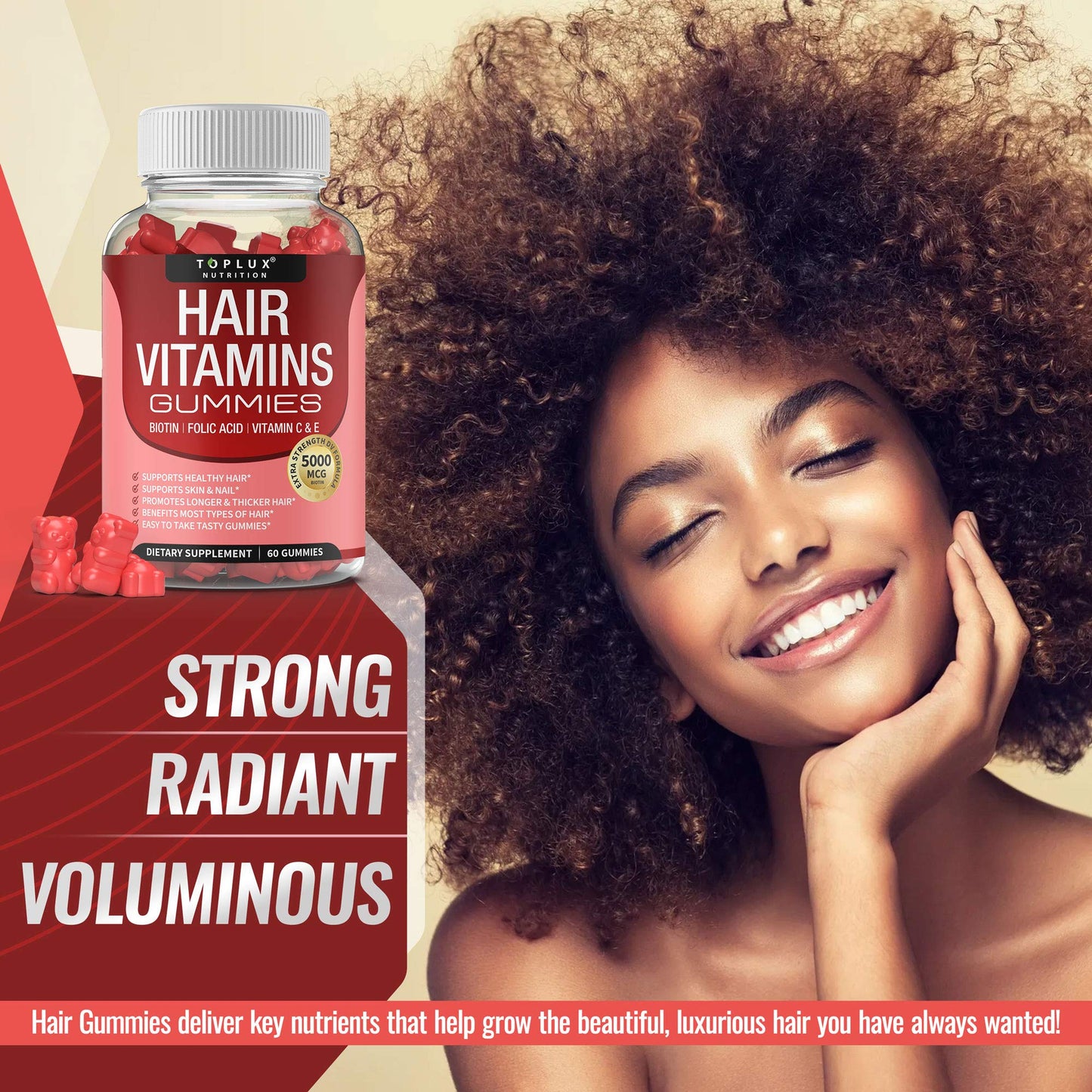 Hair Vitamin Gummies for Women & Men – Biotin 5000mcg, 60 Count | Non-GMO