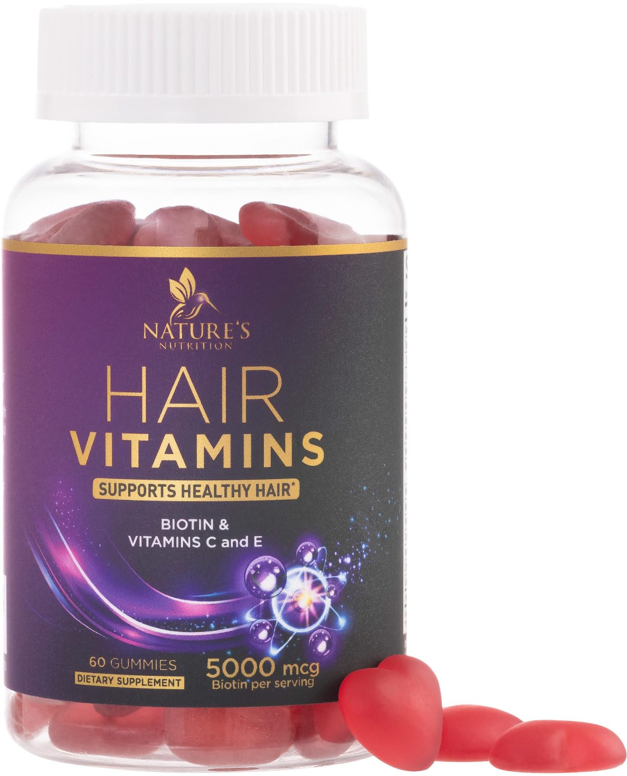 Hair Vitamins Gummies with Biotin 5000 mcg – Hair Growth, Skin & Nails – Non-GMO, Gluten Free – 60 Gummies