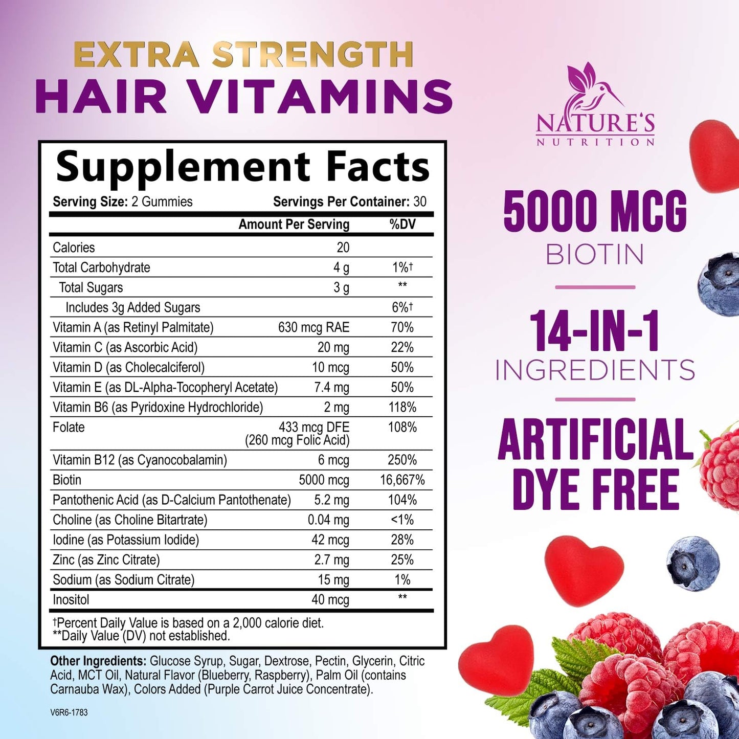 Hair Vitamins Gummies with Biotin 5000 mcg – Hair Growth, Skin & Nails – Non-GMO, Gluten Free – 60 Gummies