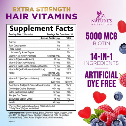 Hair Vitamins Gummies with Biotin 5000 mcg – Hair Growth, Skin & Nails – Non-GMO, Gluten Free – 60 Gummies