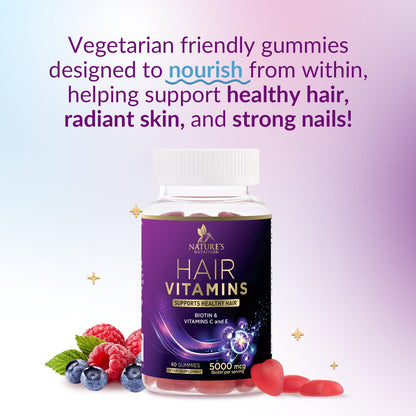 Hair Vitamins Gummies with Biotin 5000 mcg – Hair Growth, Skin & Nails – Non-GMO, Gluten Free – 60 Gummies