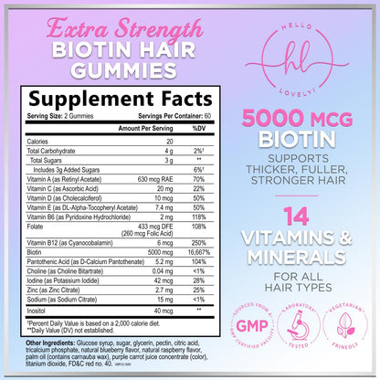 Hair Vitamins Gummies – Biotin 5000 mcg + Vitamins E & C, Zinc | 120 Gummies