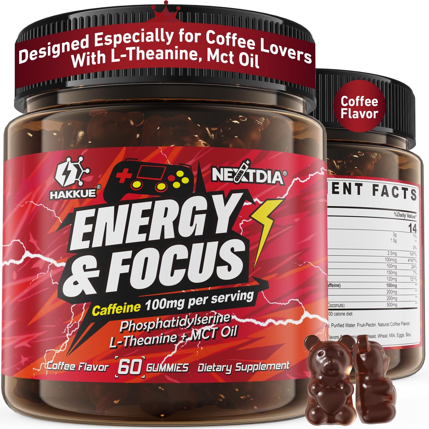 Energy Focus Gummies by Hakkue - 100mg Caffeine, L-Theanine, No Lag (60 ct) Coffee Flavor