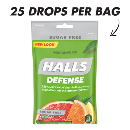 HALLS Defense Assorted Citrus Sugar Free Vitamin C Drops – 300 Drops, 12 Bags