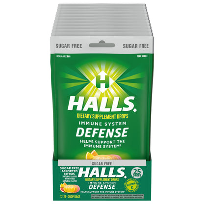 HALLS Defense Assorted Citrus Sugar Free Vitamin C Drops – 300 Drops, 12 Bags