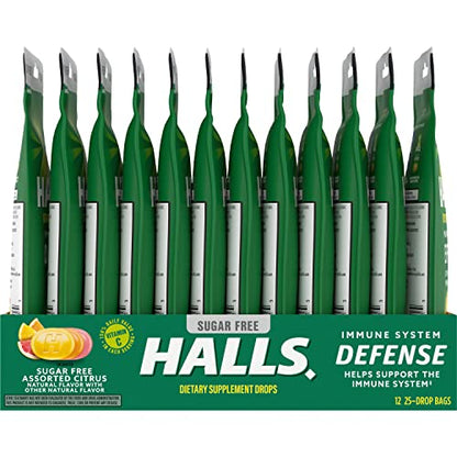 HALLS Defense Assorted Citrus Sugar Free Vitamin C Drops – 300 Drops, 12 Bags