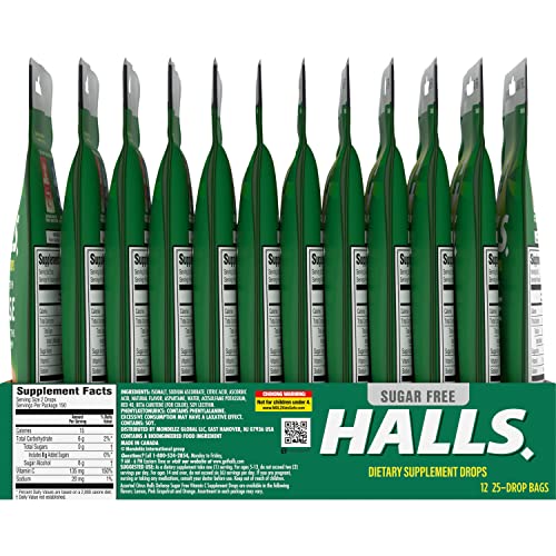 HALLS Defense Assorted Citrus Sugar Free Vitamin C Drops – 300 Drops, 12 Bags