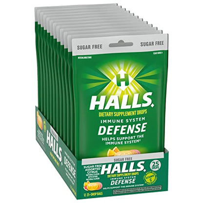 HALLS Defense Assorted Citrus Sugar Free Vitamin C Drops – 300 Drops, 12 Bags