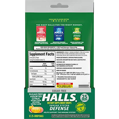 HALLS Defense Assorted Citrus Sugar Free Vitamin C Drops – 300 Drops, 12 Bags