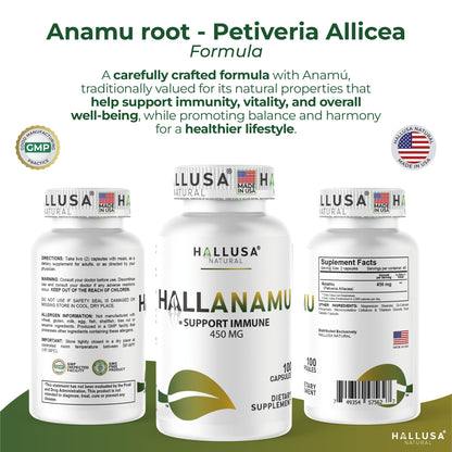 Hallusa Natural Anamu Root 450 mg – Organic Anamu Capsules (Petiveria alliacea) – Immune Support & Energy – 100 Capsules