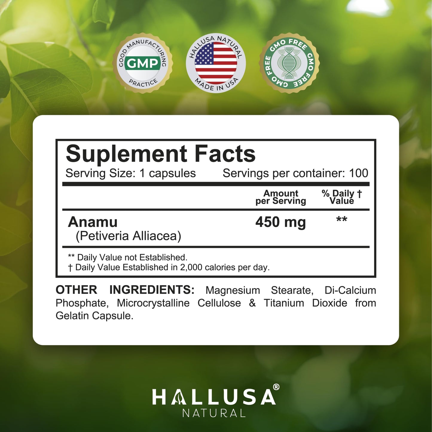 Hallusa Natural Anamu Root 450 mg – Organic Anamu Capsules (Petiveria alliacea) – Immune Support & Energy – 100 Capsules