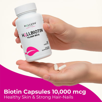Hallusa Natural Biotin 10,000 mcg – Hair, Skin & Nails | 60 Capsules