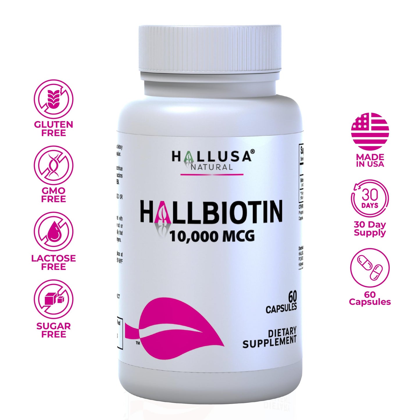 Hallusa Natural Biotin 10,000 mcg – Hair, Skin & Nails | 60 Capsules