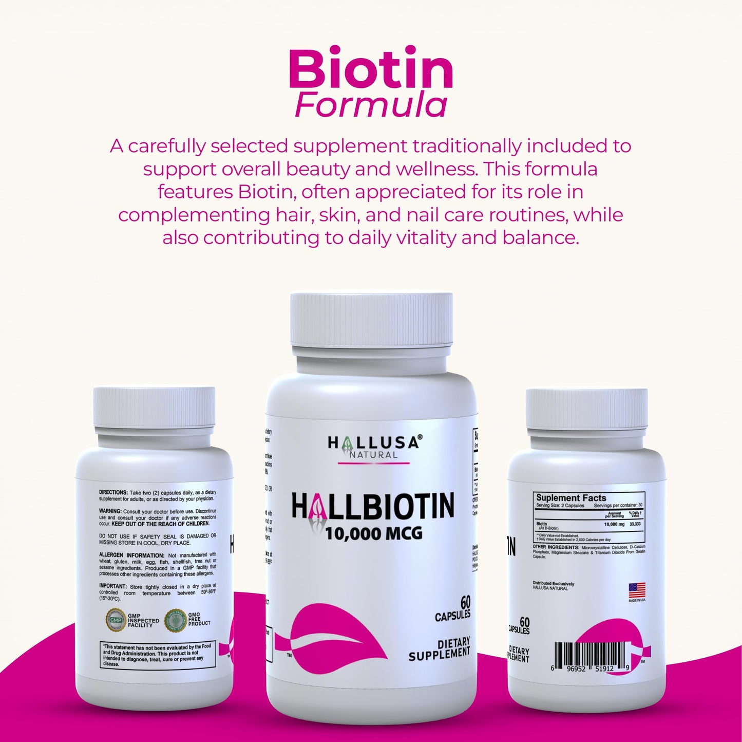 Hallusa Natural Biotin 10,000 mcg – Hair, Skin & Nails | 60 Capsules