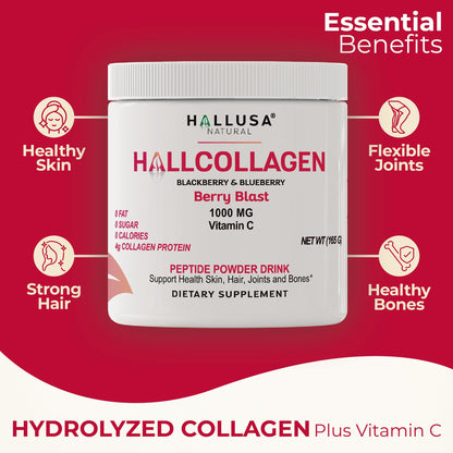 Hallusa Collagen Peptides Powder 1000mg + Vitamin C – BlackBerry & Blueberry Flavor | 4g per Serving