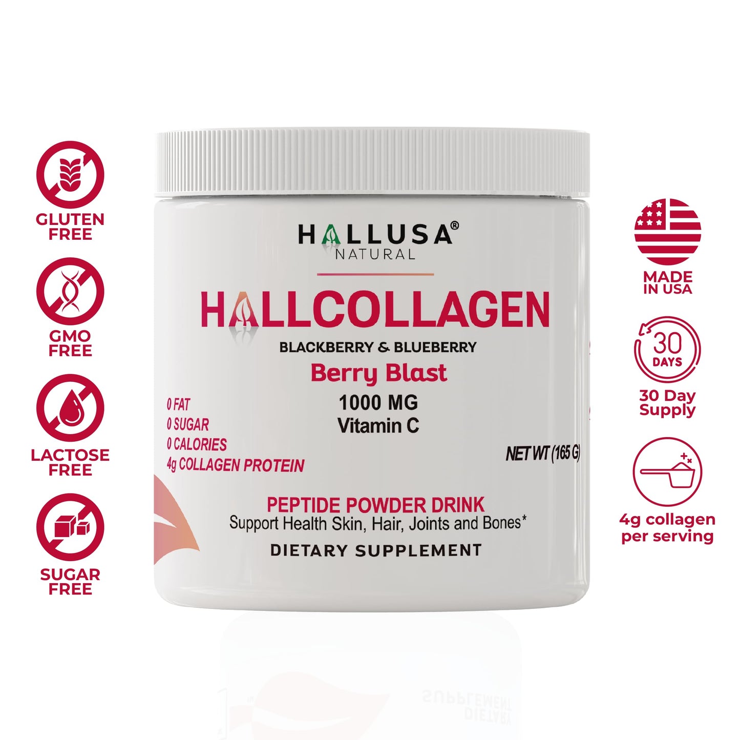 Hallusa Collagen Peptides Powder 1000mg + Vitamin C – BlackBerry & Blueberry Flavor | 4g per Serving
