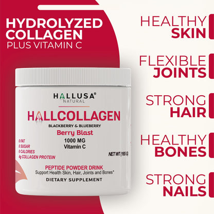 Hallusa Collagen Peptides Powder 1000mg + Vitamin C – BlackBerry & Blueberry Flavor | 4g per Serving