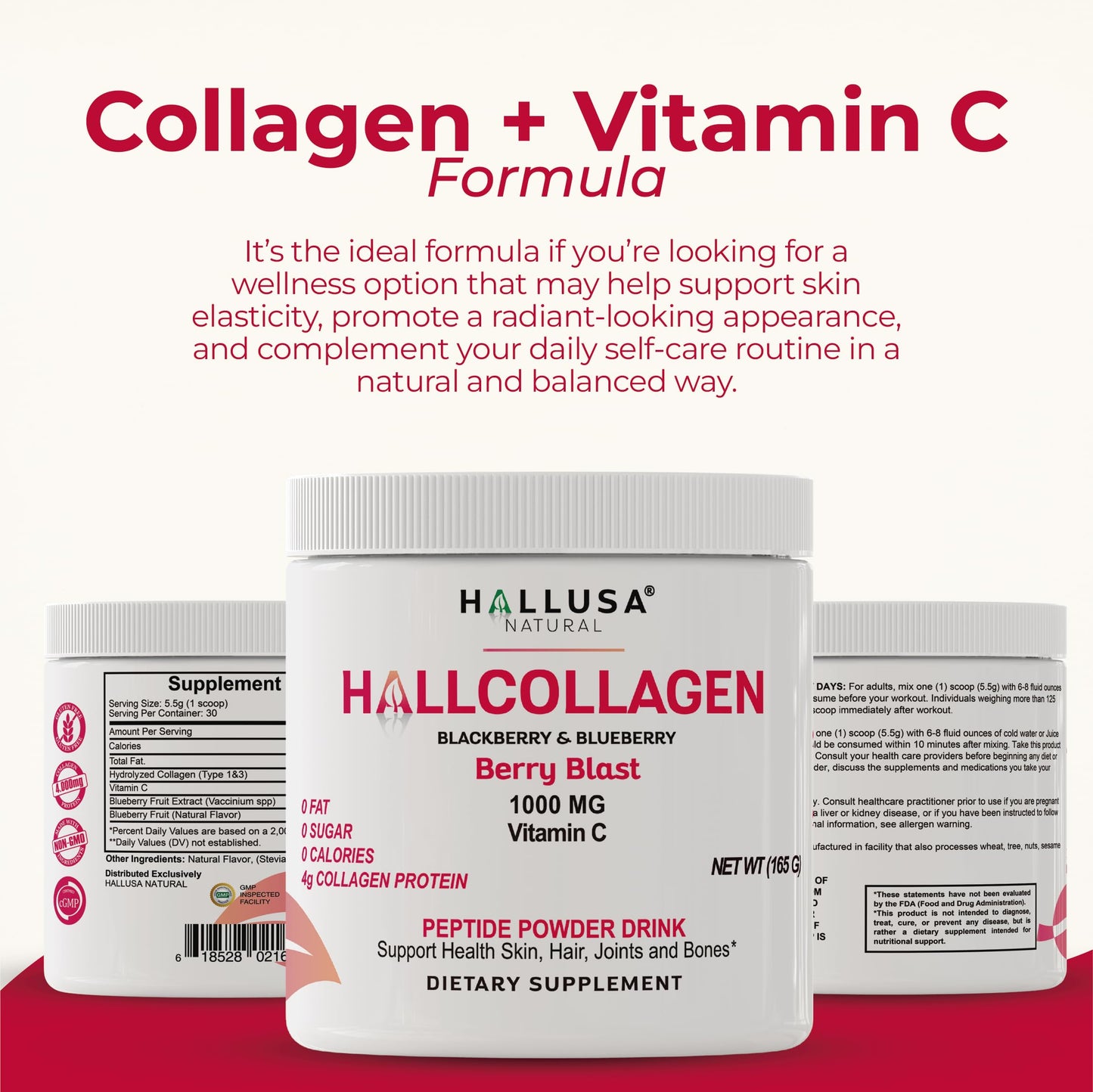 Hallusa Collagen Peptides Powder 1000mg + Vitamin C – BlackBerry & Blueberry Flavor | 4g per Serving